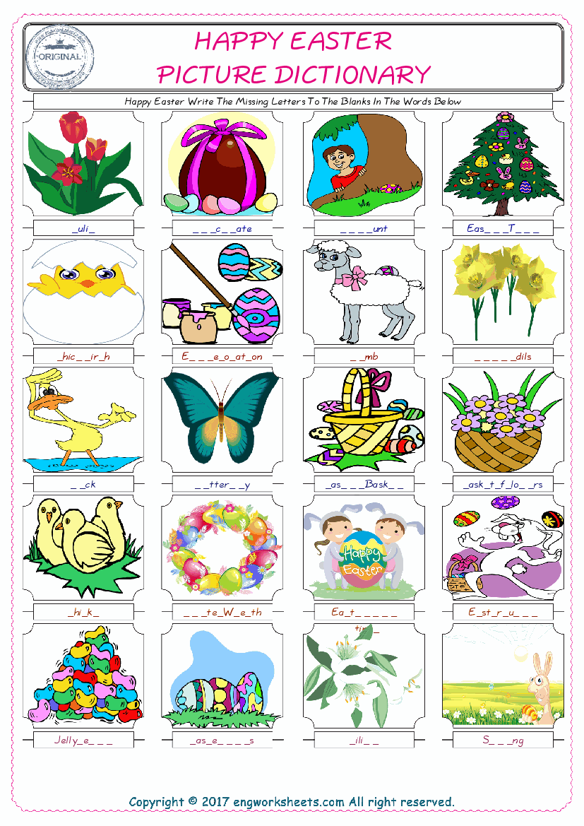  Happy Easter Words English worksheets For kids, the ESL Worksheet for finding and typing the missing letters of Happy Easter Words 